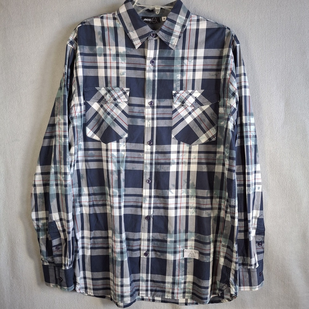 JNCO Mens Medium Shirt White Blue Plaid Button Up Long Sleeve‎ Stain Pattern